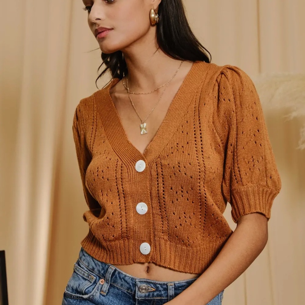 Endless Blu, Brown Puff Sleeve Pointelle Knit Cardigan, Size S/M/L